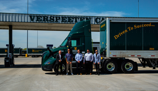 In picture left to right are Peter Currie, district sales manager, Volvo Trucks North America; Scott Verspeeten, president, Verspeeten Cartage Ltd.; Mike Wardle, dealer principal, Gerry’s Truck Centre; Doug Wardle, sales manager, Gerry’s Truck Centre; Matthew Blackman, managing director, Canada, Volvo Trucks North America.